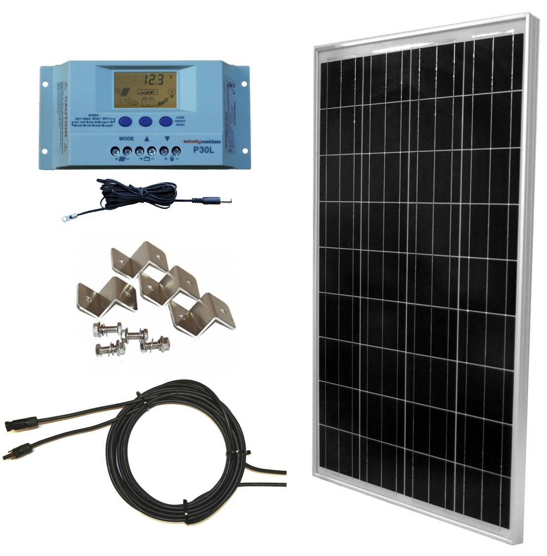 WindyNation 100 Watt 12V Polycrystalline Solar Panel Complete Kit with LCD PWM Solar Charge Controller